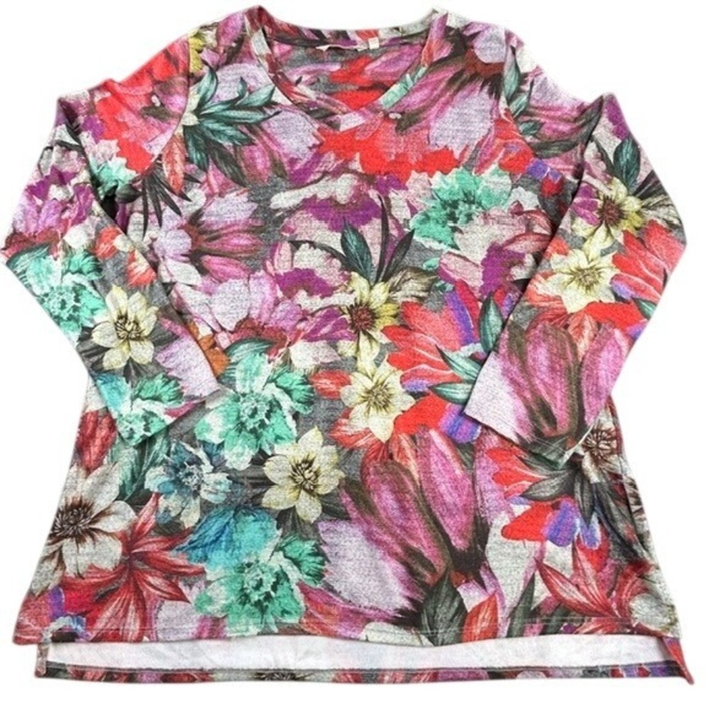 Soft Surroundings Watercolor Floral Long Sleeve V-Neck Blouse LG Grannycore